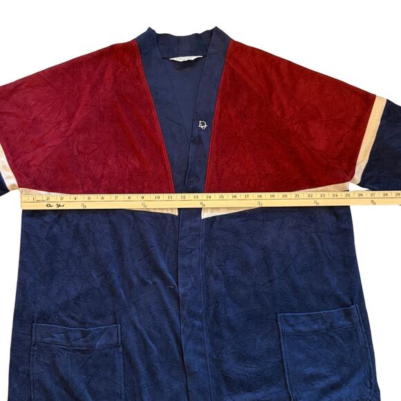 Vintage Christian Dior Bath Robe Mens One Size Blue Red Velour Lounge 80s *READ* - Picture 8 of 11